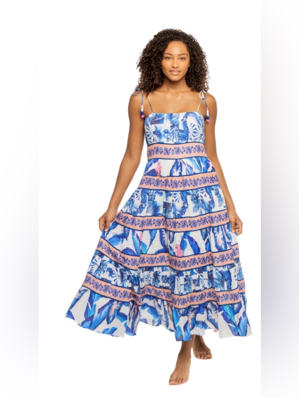 Farm Rio Off-White Blue & Pink Foliage Midi Dress Size Small